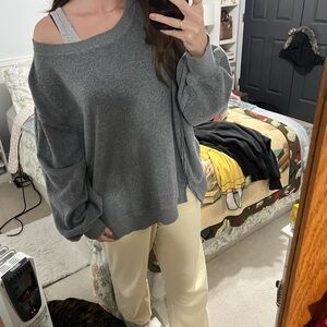 American Eagle Outfitters Gray Off-the-Shoulder Sweater Oversized